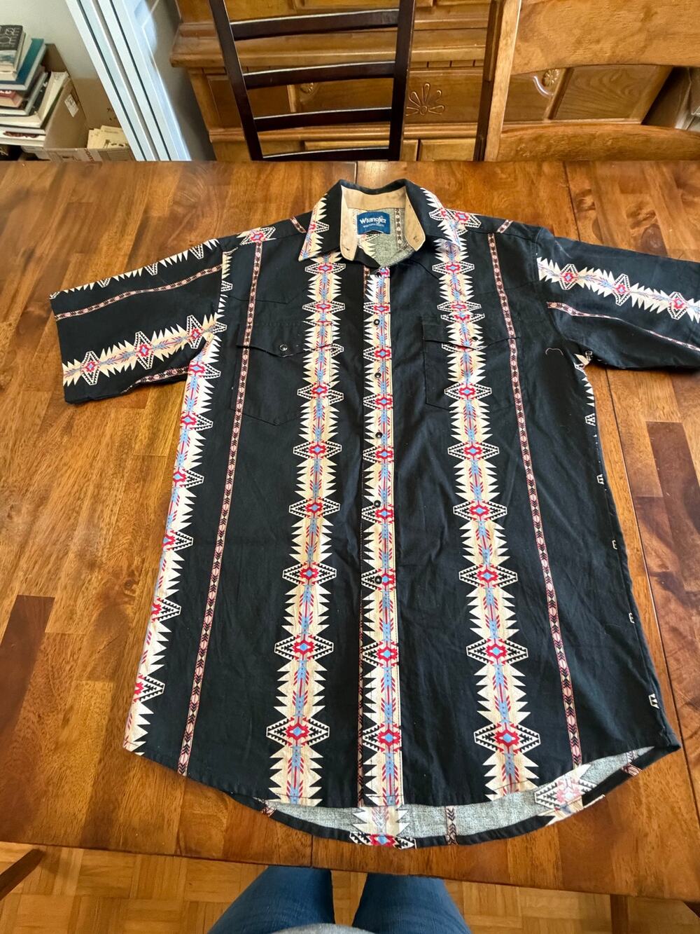 Wrangler Western Shirt Mens XL Black Southwestern Aztec Pearl Snap Short Sleeve
